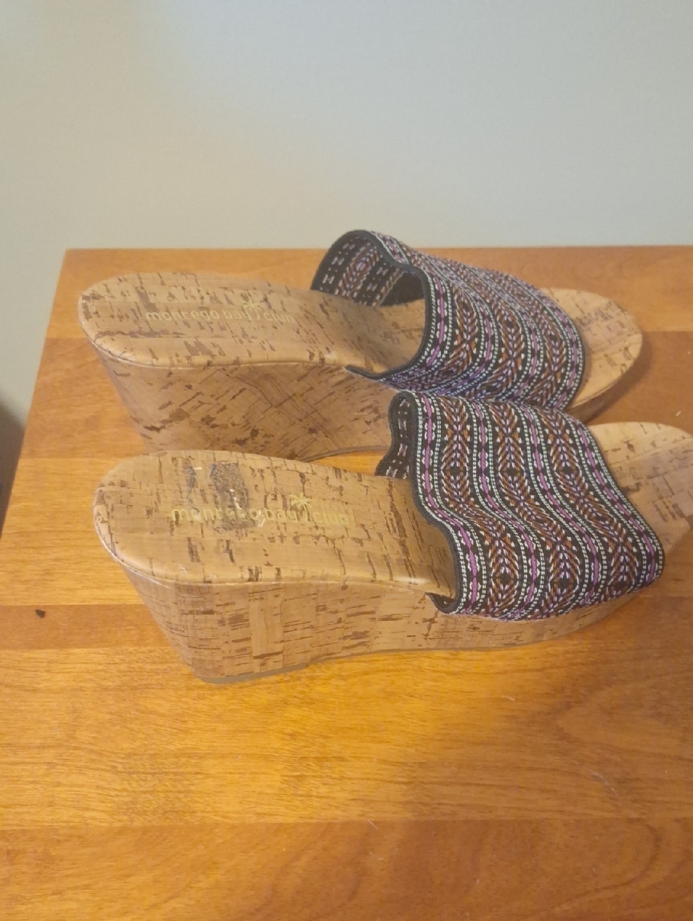 Montego Bay Club Cork Wedge Slides with Black Multicolor Woven Strap